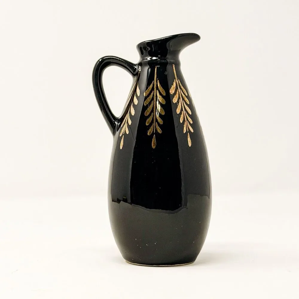 Vintage Black Pottery Pitcher 22K Gold Hand Decorated Cobbs Florida USA 6”